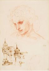 Show The head of St James in the Last Supper, and architectural sketches, c. 1495 details