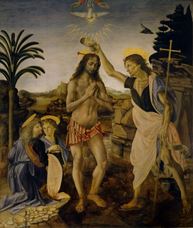 Show Andrea del Verrocchio and Leonardo da Vinci, Baptism of Christ, c. 1470-1475 details