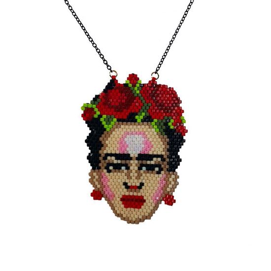 Frida - Kırmızı Çiçekli Portre Tasarım - Miyuki Kolye